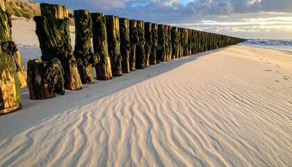 Coastal wooden groynes on a sandy beach