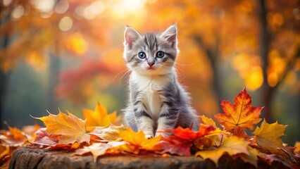 Adorable Gray Kitten Surrounded by Autumn Leaves in a Park
