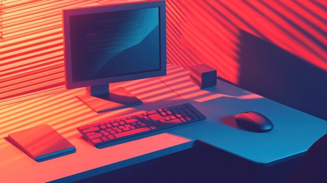 Desk with computer, keyboard, and mouse in vibrant lighting