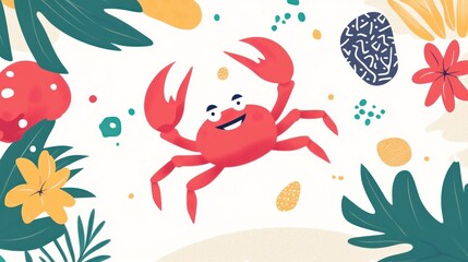 Cartoon crab in a tropical garden
