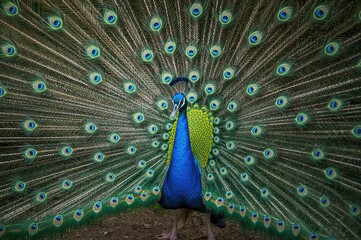 Fototapeta premium Azure peacock displaying its full plumage in nature