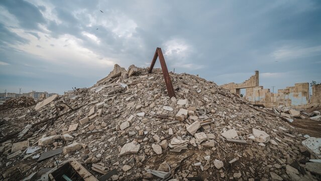 Panoramic view of a collapsed structure's heap of gray concrete rubble with a prominent beam in front under a cloudy sky
