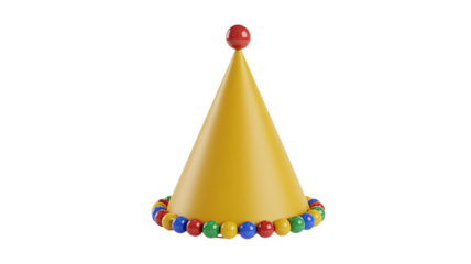 Festive yellow party hat with colorful beaded trim and red topper