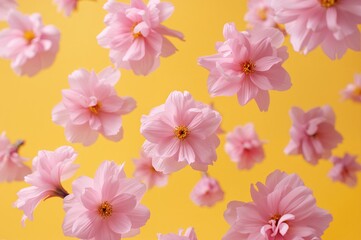 High-resolution photo of vibrant pink blossoms suspended against a bright yellow backdrop, illustrating the concept of levitation.