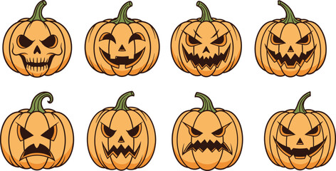 Set of spooky Halloween pumpkin faces with different expressions, perfect for decorations, parties, posters, cards, and festive design themes.