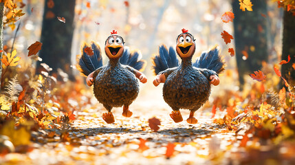 Two cartoon turkeys running side by side on a forest path adorned with autumn-colored leaves. These whimsical turkeys are wearing running shoes and sweatbands, adding a touch of humor to the scene