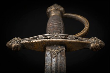 Detailed close-up of an antique sword's grip and blade featuring weathered patina, highlighting historical significance and meticulous artistry.
