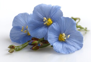 Blue flax flowers with yellow centers & buds on a white surface, softly lit, showing delicate petal texture