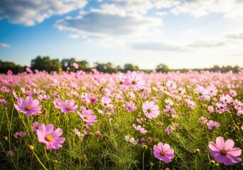 Blooming Cosmos Field Under Sunny Sky Pink Petals and Green Stems Beauty of Nature