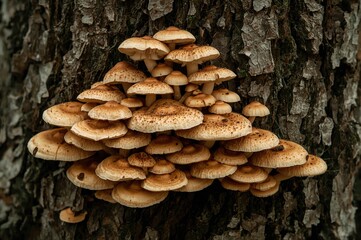 Cluster of fungi sprouting from tree bark