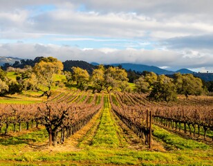 Obraz premium Vineyard rows stretch across a landscape under a partly cloudy sky
