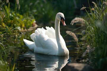 Obraz premium Elegant white swan amidst lush greenery