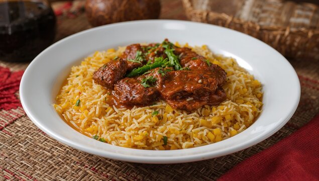 Traditional South Indian spicy dish featuring cooked cassava, grated coconut, beef, and palm wine
