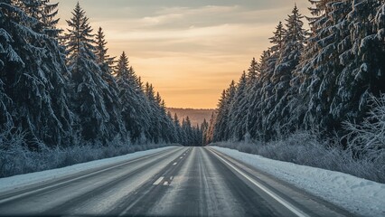 Empty asphalt road winding through a snowy conifer forest at dusk. Pine and spruce trees dusted with snow. Winter journey.