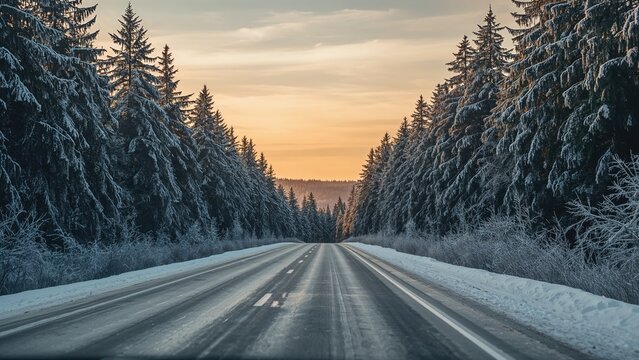 Empty asphalt road winding through a snowy conifer forest at dusk. Pine and spruce trees dusted with snow. Winter journey.