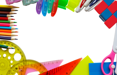 On a white background, colored paper, scissors, and various shooting tools stand at the edge of the background.
