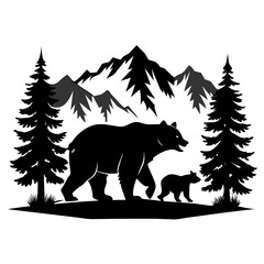 mother bear walking with her cubs in a wild forest