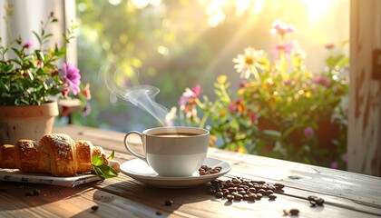 Morning coffee and croissants on a wooden table by a window with flowers