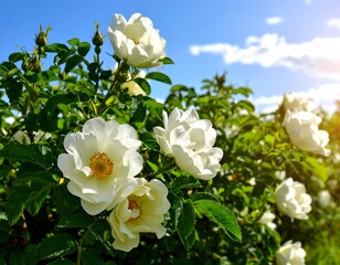 Obraz premium White roses in a sunny garden
