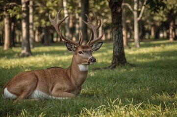 Obraz premium A stunning stag resting on the earth showcasing impressive antlers