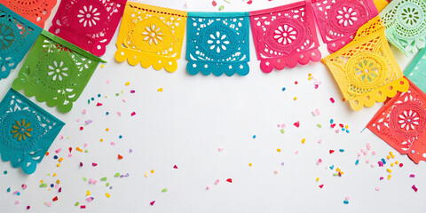 Papel picado banners in vibrant colors above scattered confetti on white background suitable for mexican holiday celebration templates, festive invitations, decorative design projects and banners