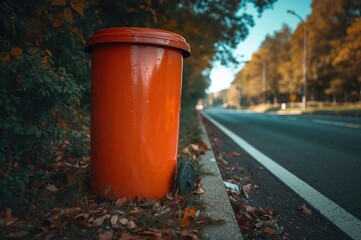 Naklejka premium A vivid orange garbage bin positioned beside a roadside.