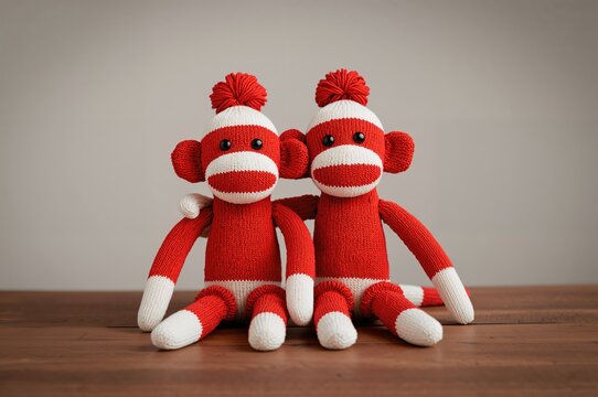 Two sock monkey dolls positioned side by side on a tabletop