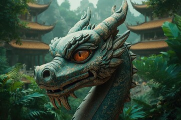 An intricately carved stone dragon head against a textured backdrop, symbolizing art and culture