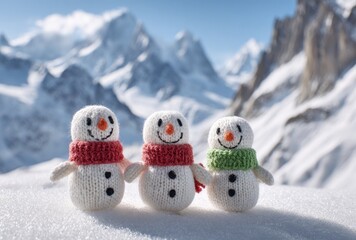 Three knit snowman figures with colorful scarves pose happily against a backdrop of snow-covered mountains under a bright winter sky