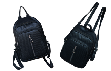 There are two black leather bags on a white background.