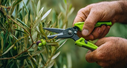 Close-up on hands carefully using green shears to prune olive branches bearing green and ripening dark olives on a sunny day