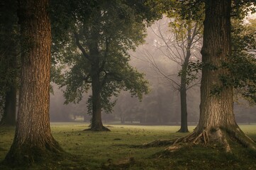 Fototapeta premium Misty forest with tall trees
