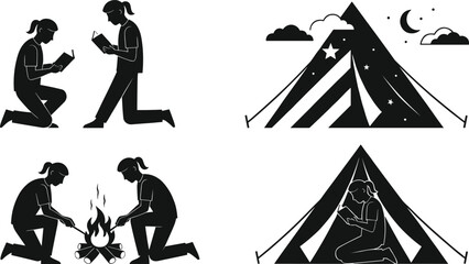 Two people camping at night, reading books by campfire, cozy tent, night sky with stars and moon, outdoor adventure.