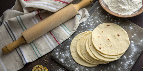 Stack of corn tortillas in wooden bowl with rolling pin and linen cloth suitable for mexican cuisine projects, traditional food packaging, restaurant menu designs and cultural culinary templates