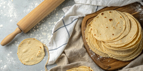 Stack of corn tortillas in wooden bowl with rolling pin and linen cloth suitable for mexican cuisine projects, traditional food packaging, restaurant menu designs and cultural culinary templates