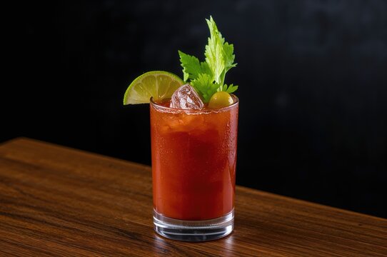 Chilled tomato-based cocktail garnished with olives, herbs, and a lime wedge in a glass on a wooden surface against a dark backdrop. Vertical shot with selective focus.