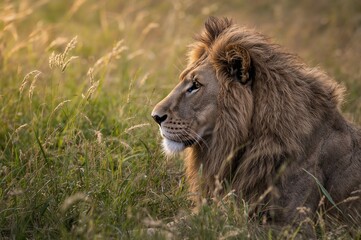 Fototapeta premium Black and white close-up of a male lion (Panthera leo) gazing for his group at sunrise.