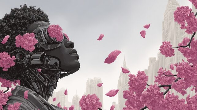 Afro-futuristic portrait of a person merged with technology, pink petals floating in urban scenery, looking upwards
