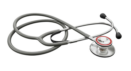 A classic grey stethoscope with a red and silver chestpiece isolated on white background