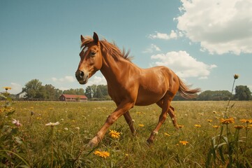 A charming brown pony frolics on the farm, grazing and sprinting across the field.