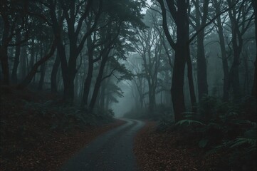 Obraz premium A pathway winding through misty and shadowed forest trees