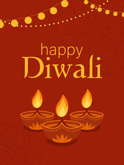 Happy Diwali greeting card with glowing diya lamps, festive lights and mandala background. Vector illustration for festival of lights, holiday poster, banner or invitation.
