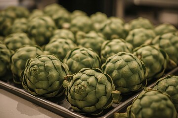 Fototapeta premium Numerous fresh organic artichokes displayed on a tray, ready for preparation in a kitchen. Cynara scolymus from the Asteraceae family.