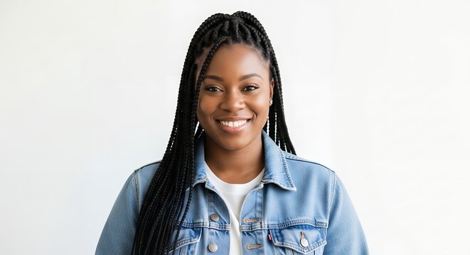 Portrait of a Smiling Young Black Woman with Box Braids Wearing Denim Jacket