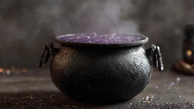 Enigmatic cauldron filled with vibrant purple liquid, emitting steam and sparkles, creating a magical scene of transformation and mystery