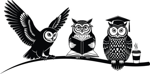 Wise owl characters on branch, reading book, wearing graduation cap, perfect for education, school, learning, and academic themed designs.