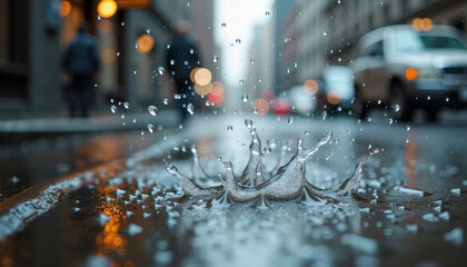 Raindrop splashing on wet street during rainy day in urban setting  