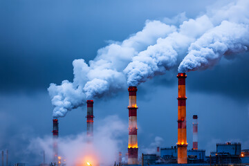 Industrial chimneys releasing smoke into dusk sky, air pollution