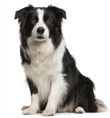 Fototapeta premium A black and white Border Collie sitting, facing forward, on a plain white background, looking alert