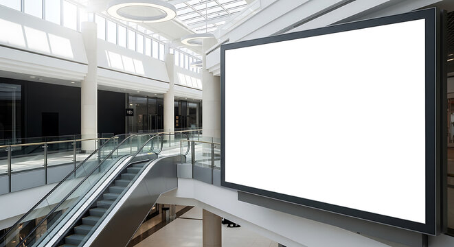 Blank billboard in a modern shopping mall near an escalator with a glass roof and bright light coming through the ceiling.